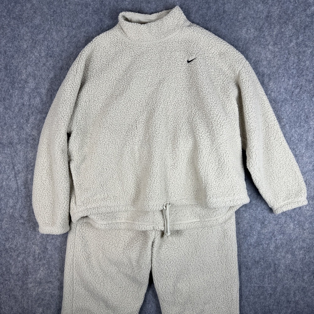 Nike Sweatshirt Pant Set Womens XL Beige Fleece Sherpa Mock Neck DD6487 Cozy